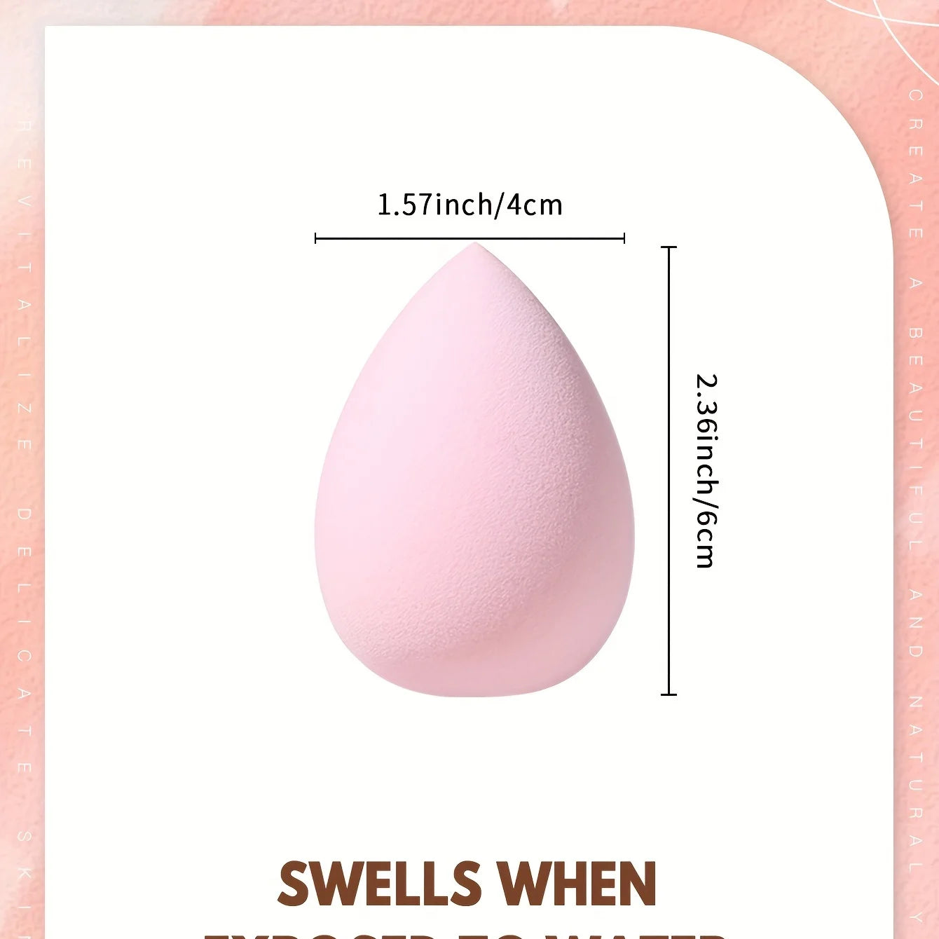 Bags of Beauty Eggs Makeup, éponge de maquillage rose, taille et dimensions indiquées.