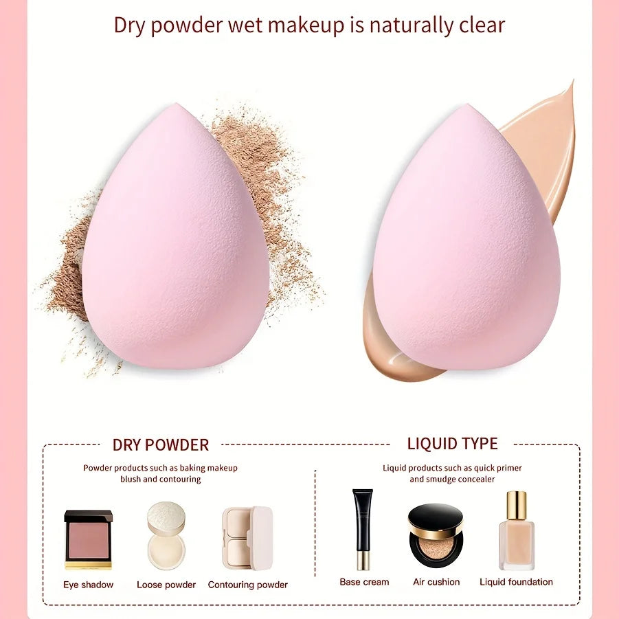 Bags of Beauty Eggs Makeup éponge de maquillage montrant application de produits en poudre et liquides.